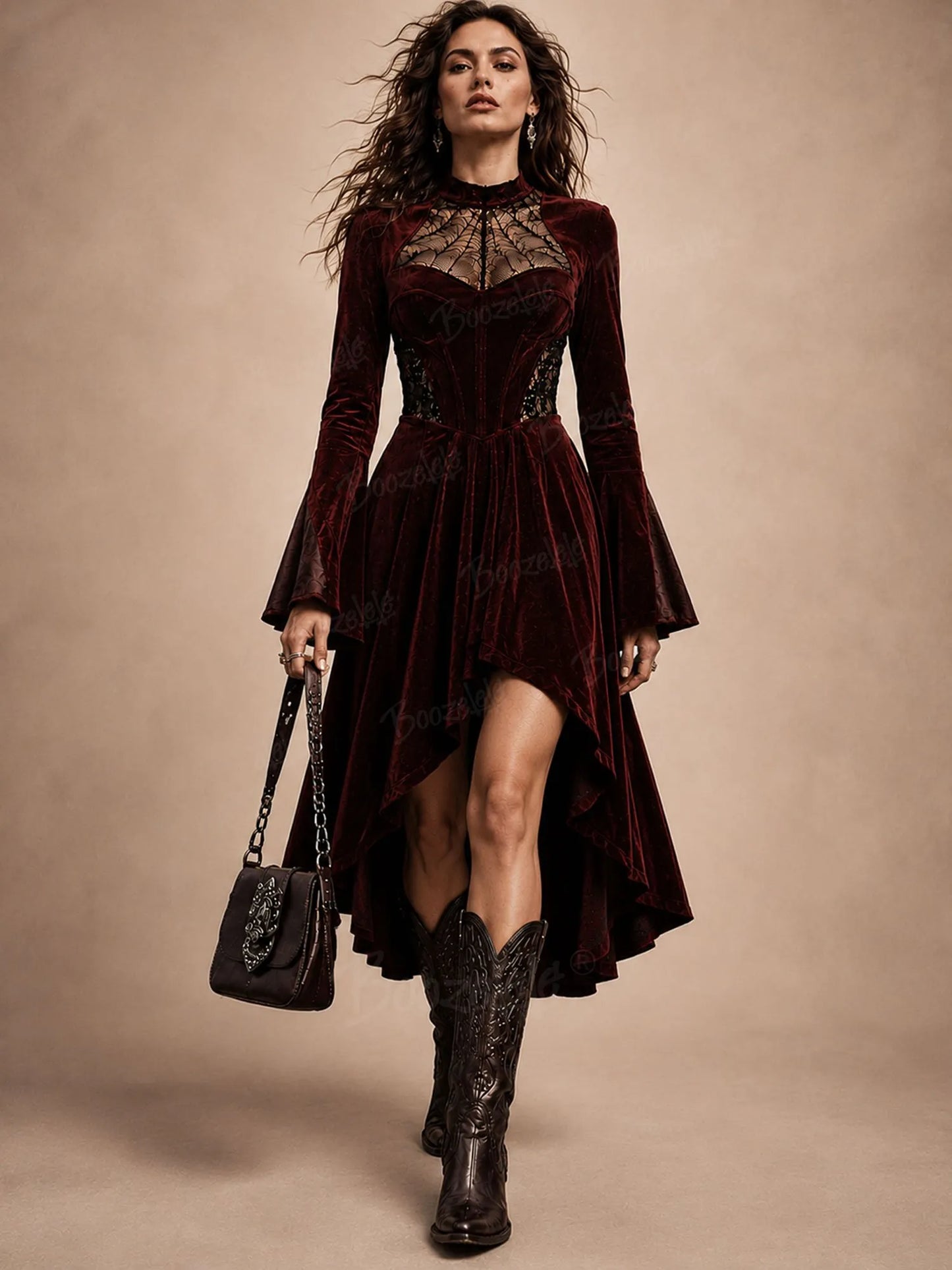 Sophisticated Wine Red Lace-Trimmed Bohemian Romance High-Low Midi Dress