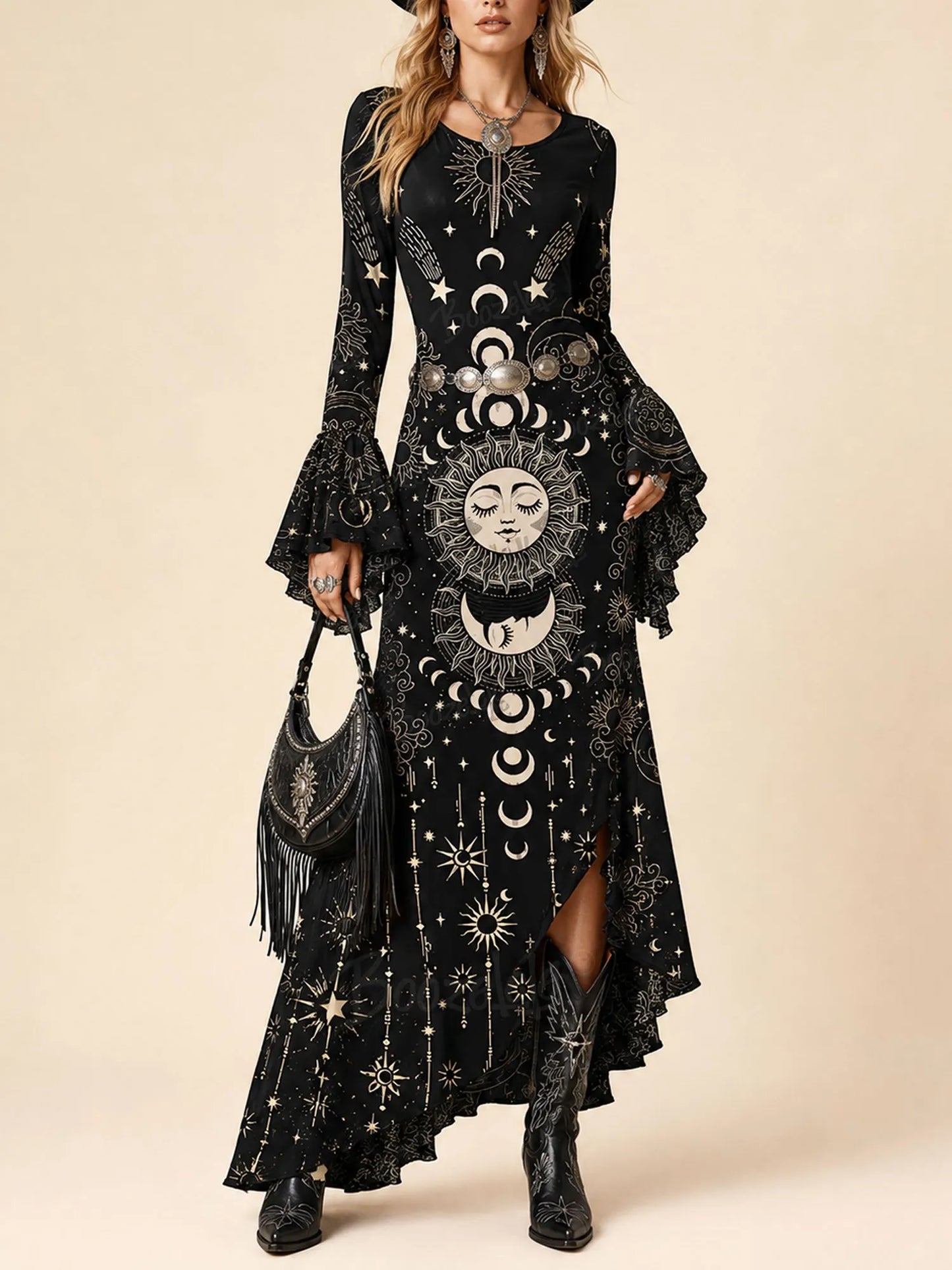 Black Gold Foil Celestial Print Bell Sleeve Slit Boho Maxi Dress