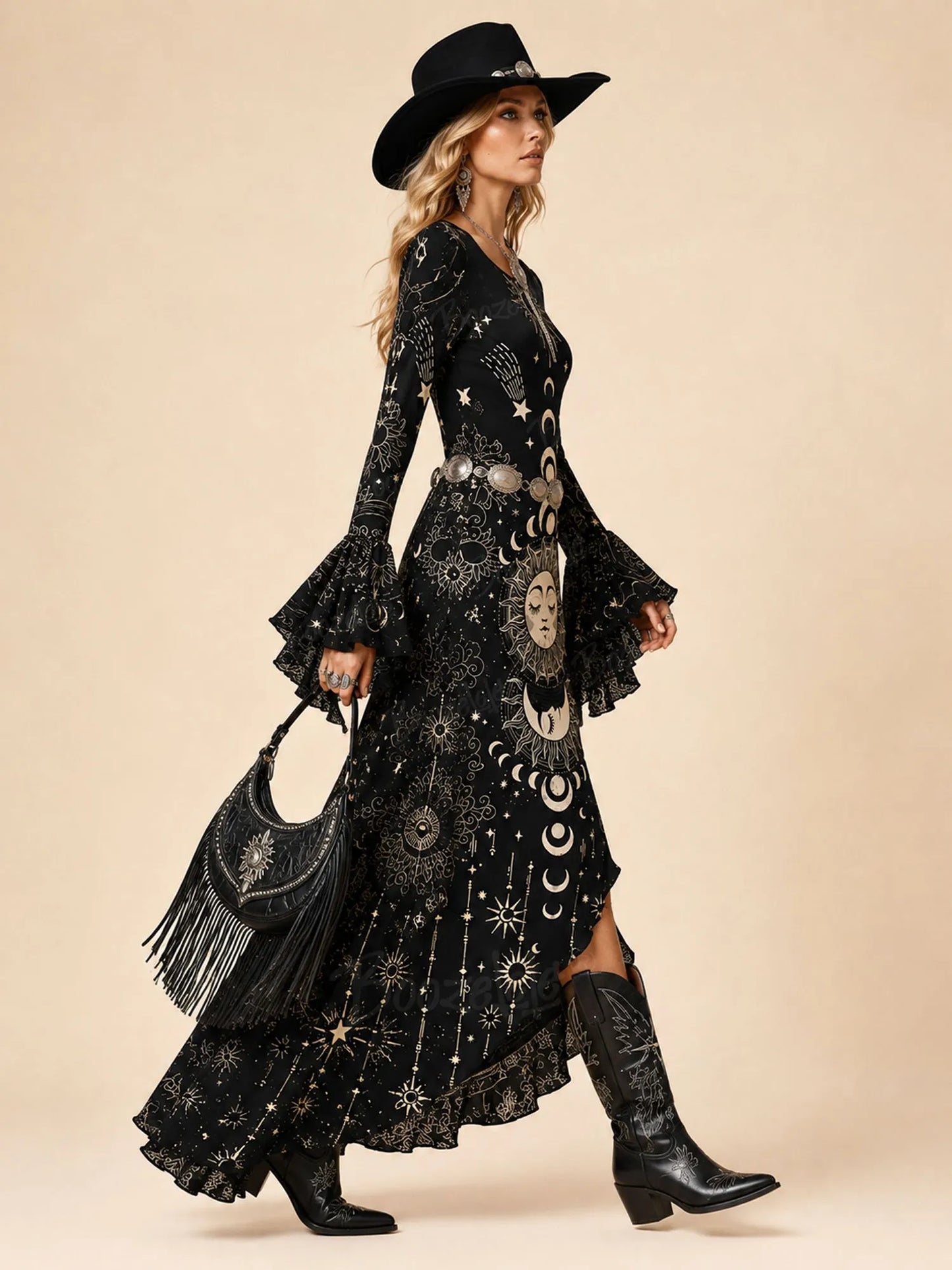 Black Gold Foil Celestial Print Bell Sleeve Slit Boho Maxi Dress