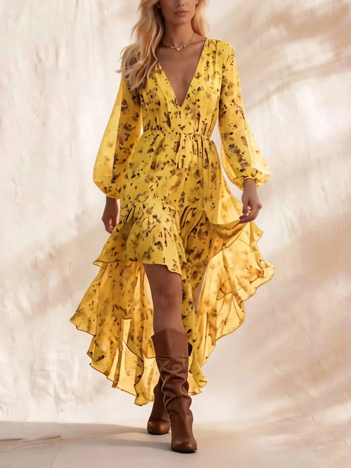 Bohemian V-Neck Irregular Hem Printed Long-Sleeved Dress